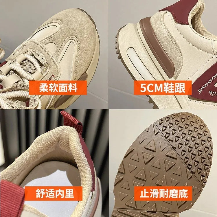 Women's retro platform sports shoes in black and khaki red with lace-up front and round toe