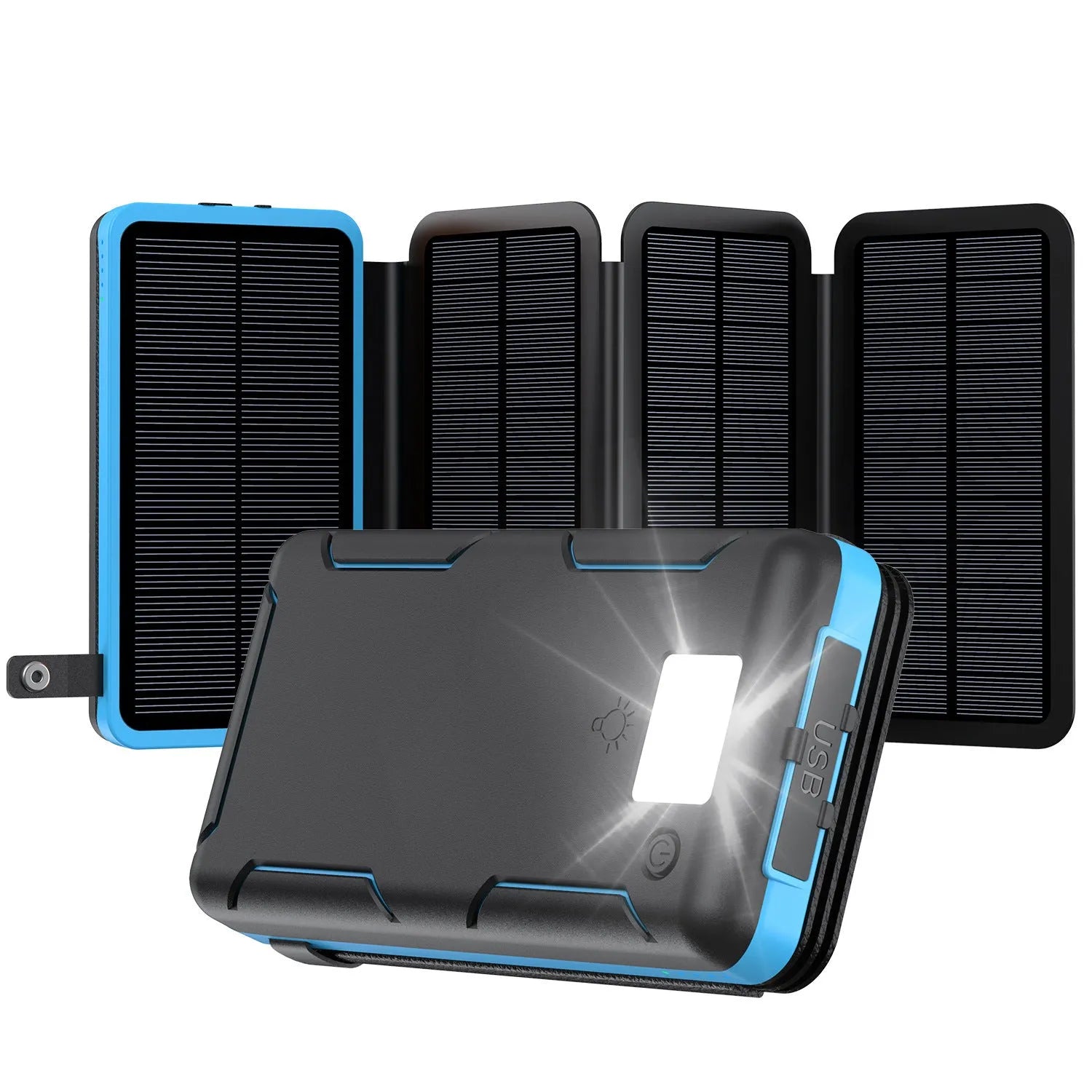 25000 mAh solar power bank in plastic shell industrial style blue colour option front view