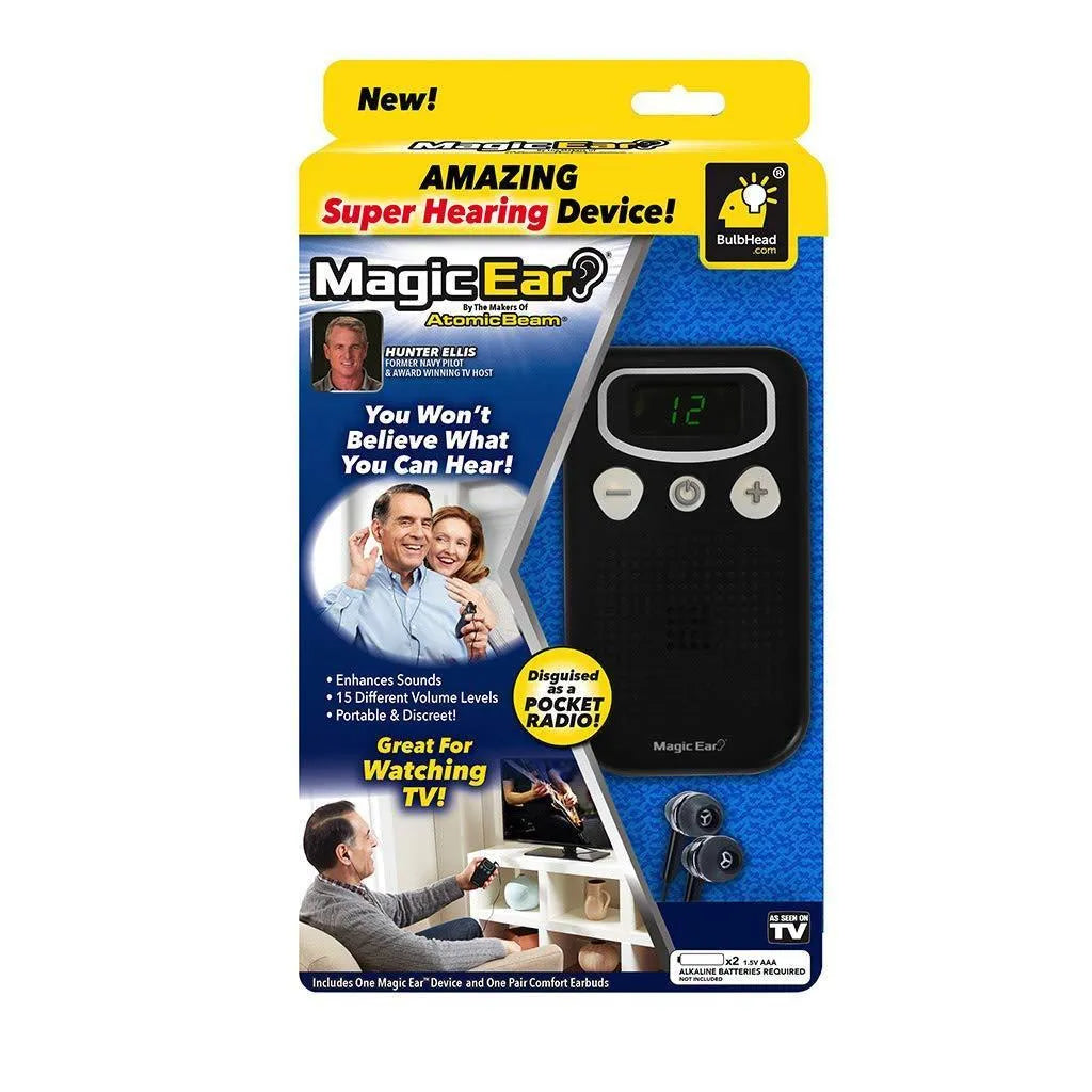 Brilliant coloured personal digital voice enhancer with a handheld FM radio design on a table.