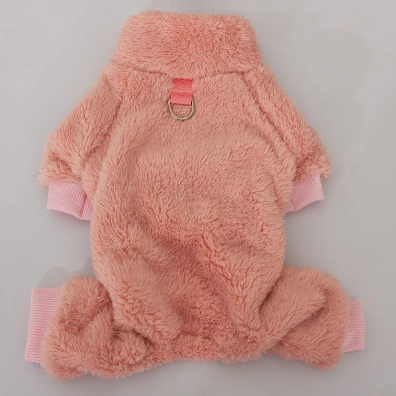 Double-sided thick plush dog clothing with high collar and towing ring in blue, khaki, and pink colours