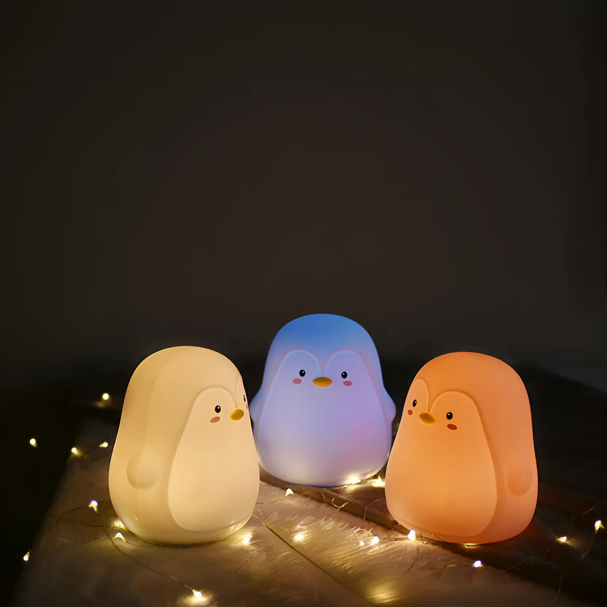 Soft white silicone penguin-shaped rechargeable night light on a surface.