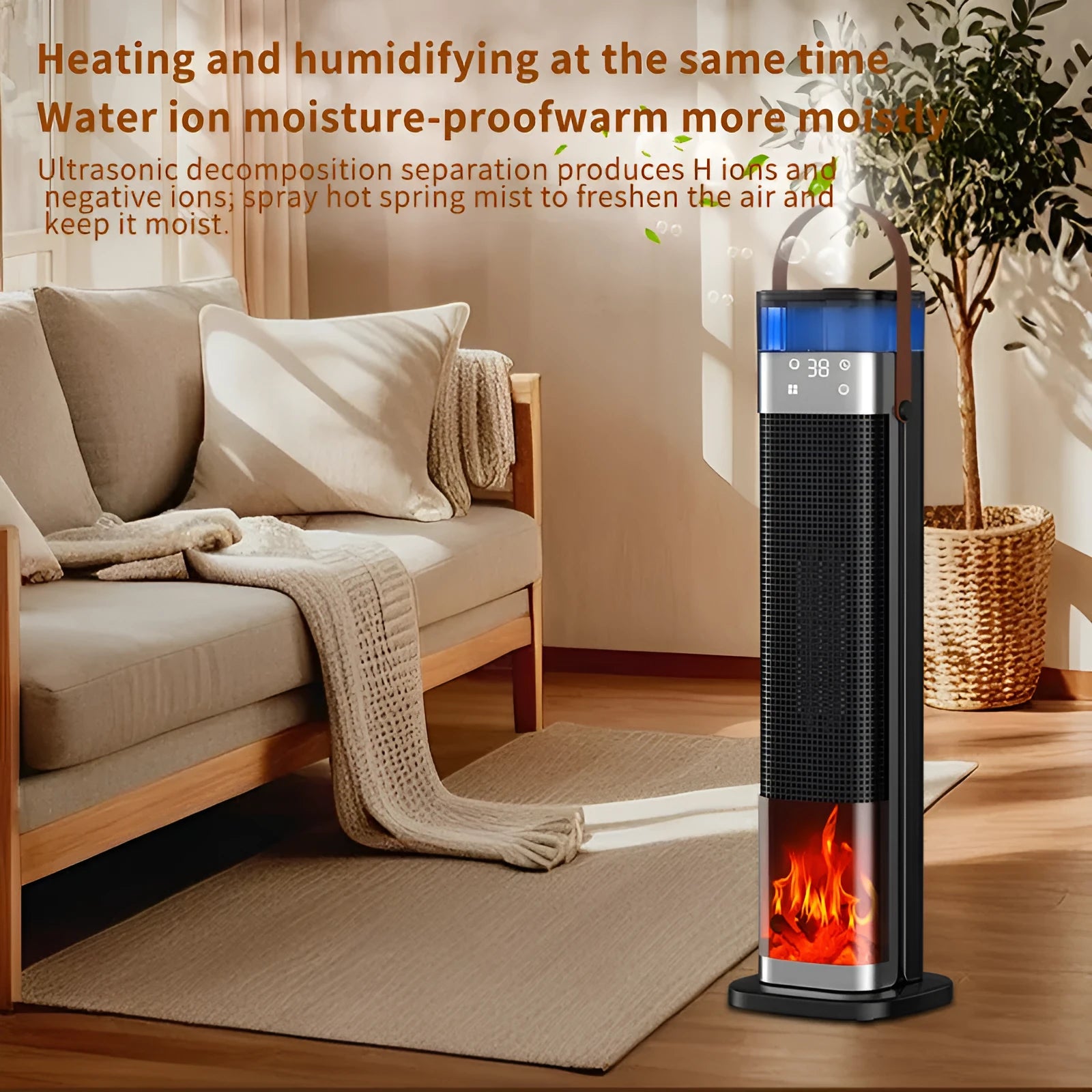 Tall vertical tower heater with humidification function and remote control on a wooden floor.