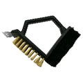 Triangular barbecue cleaning brush with steel wire bristles and a black plastic PP handle.