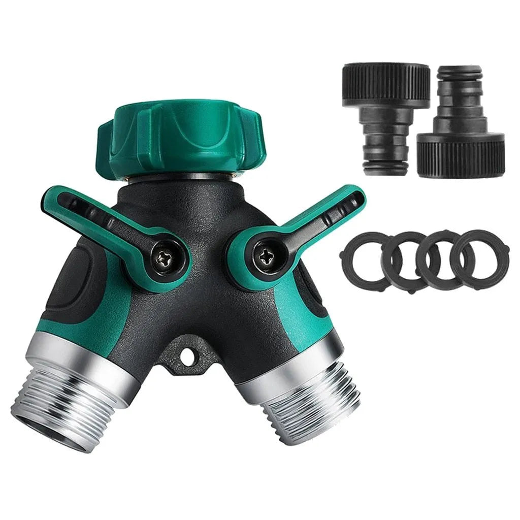 Green plastic Y type double-pass garden hose splitter with two outlets and brass-coloured inlet