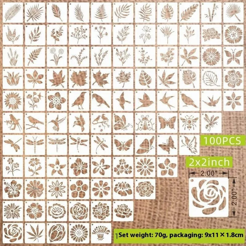 700 piece hollow spray painting stencil set showing animals, ocean, Hawaii, letter, and floral designs on milky white PET film