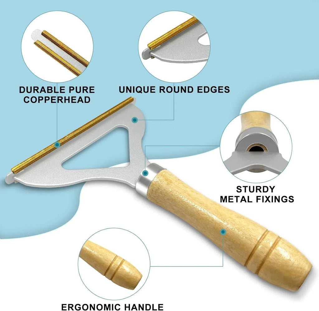 Three-piece pet hair remover set showing metal lint tool, silicone brush, and round scraper for clothes sofa car cleaning
