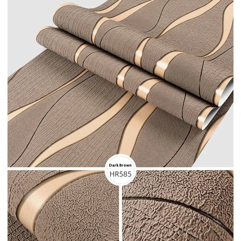 Curve Stripe textured 3D wallpaper roll with thick deerskin velvet surface in dark brown.
