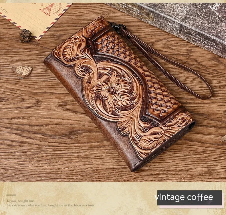 Retro brown women's tri-fold leather wallet with an embossed floral pattern, shown open and closed.
