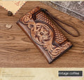 Retro brown women's tri-fold leather wallet with an embossed floral pattern, shown open and closed.