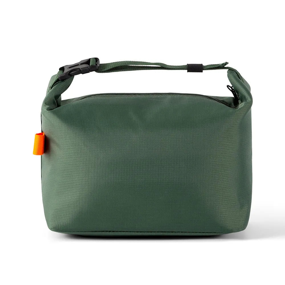Army Green Japanese-style insulated lunch bag with a wide top opening on a grey background.