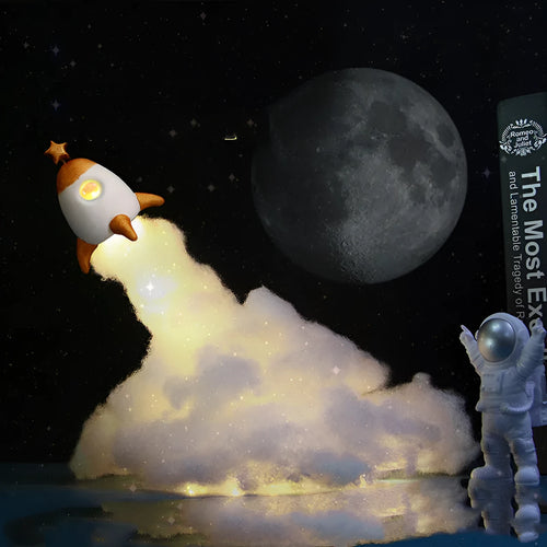 DIY astronaut rocket night light kit components including rocket model, LED lights, straws, and chassis on a desk.