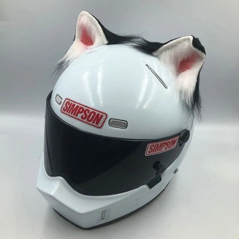 Set of detachable animal ears and tail ornament for motorcycle helmet, shown in black and white wolf design.