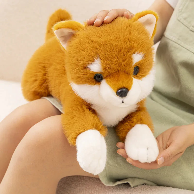 Lying posture simulation Shiba Inu Brown plush doll 35cm on soft surface