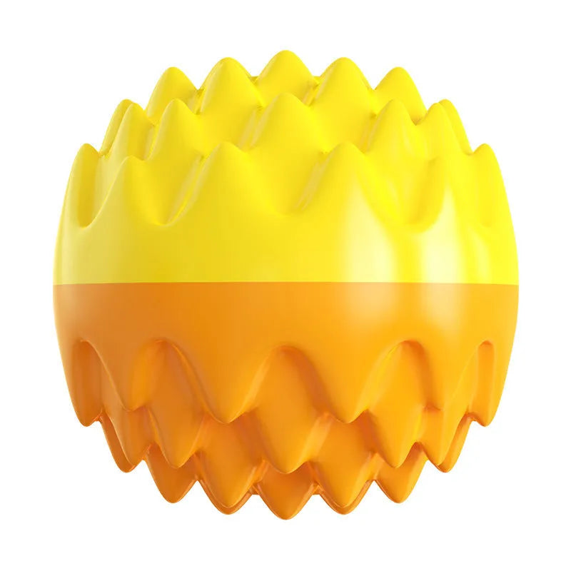 Blue and orange squeaky dog ball toy with spiky dental cleaning surface for aggressive chewers