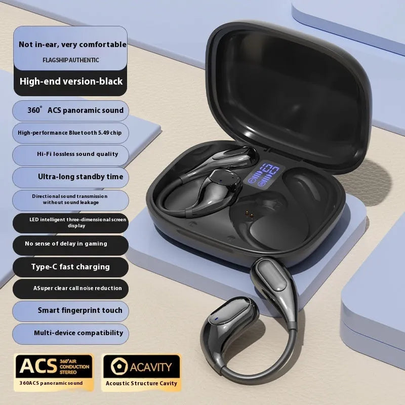 Open wireless Bluetooth headset in black with ear-mounted design and digital display screen