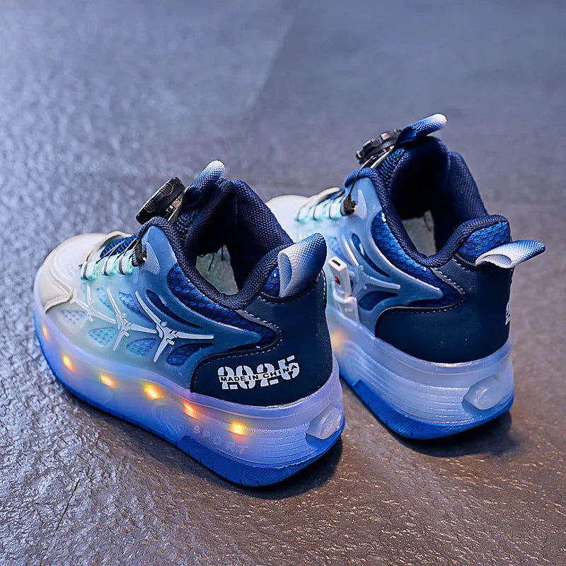 Children's striped roller skating shoes with flash knob adjustment in blue colour