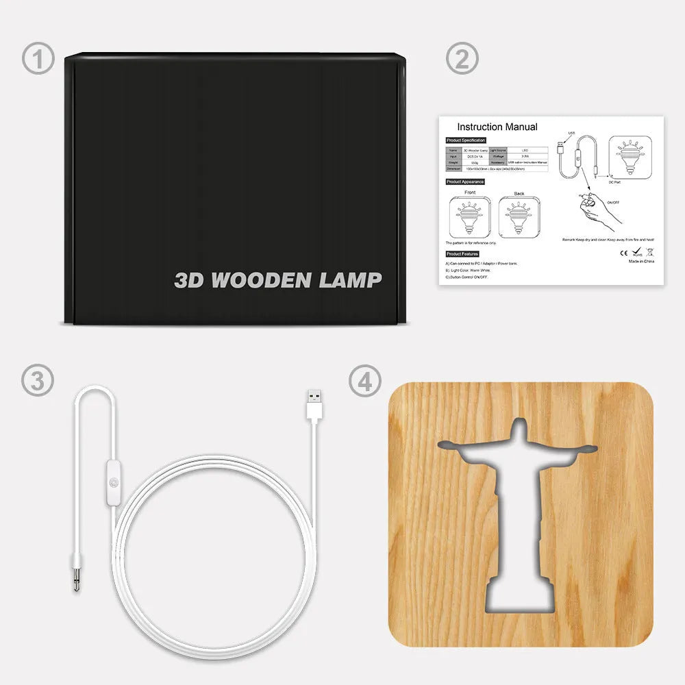 Solid wood hollow night lamp with warm white LED light and USB power cable