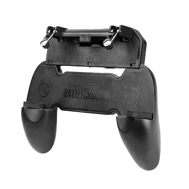 Black mobile phone game handle with USB-C plug and trigger buttons attached to a smartphone.
