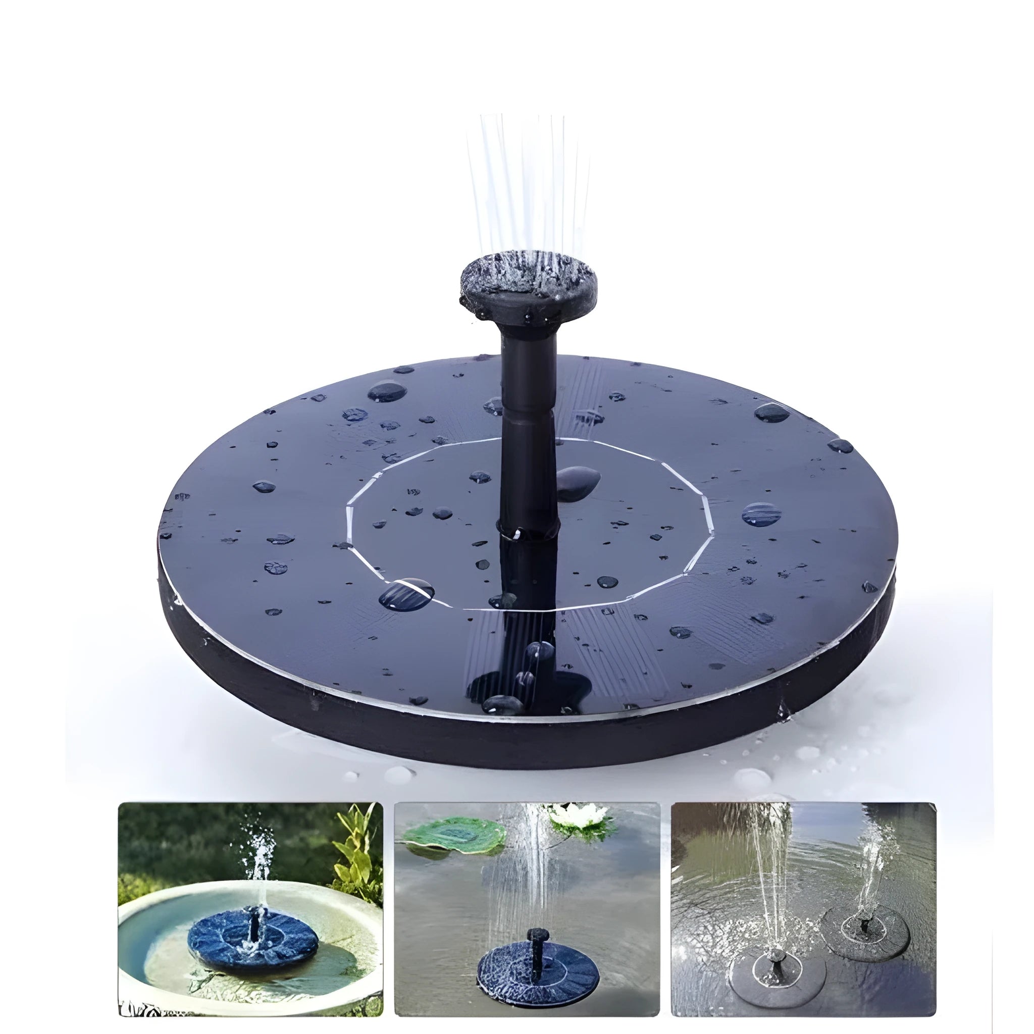 Black solar-powered fountain pump with multiple nozzles on a small pond or bird bath.