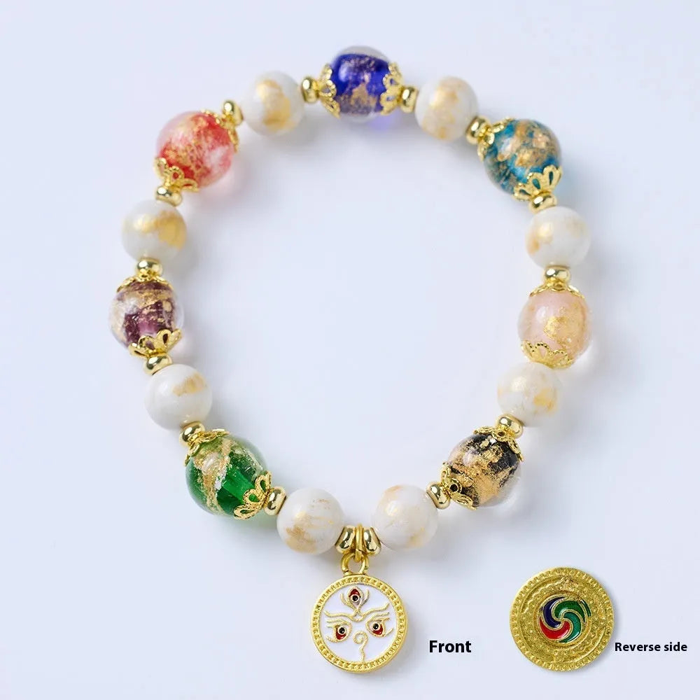 Fragrant Gray handmade glass bracelet with five Gods of Wealth design in coloured glaze.
