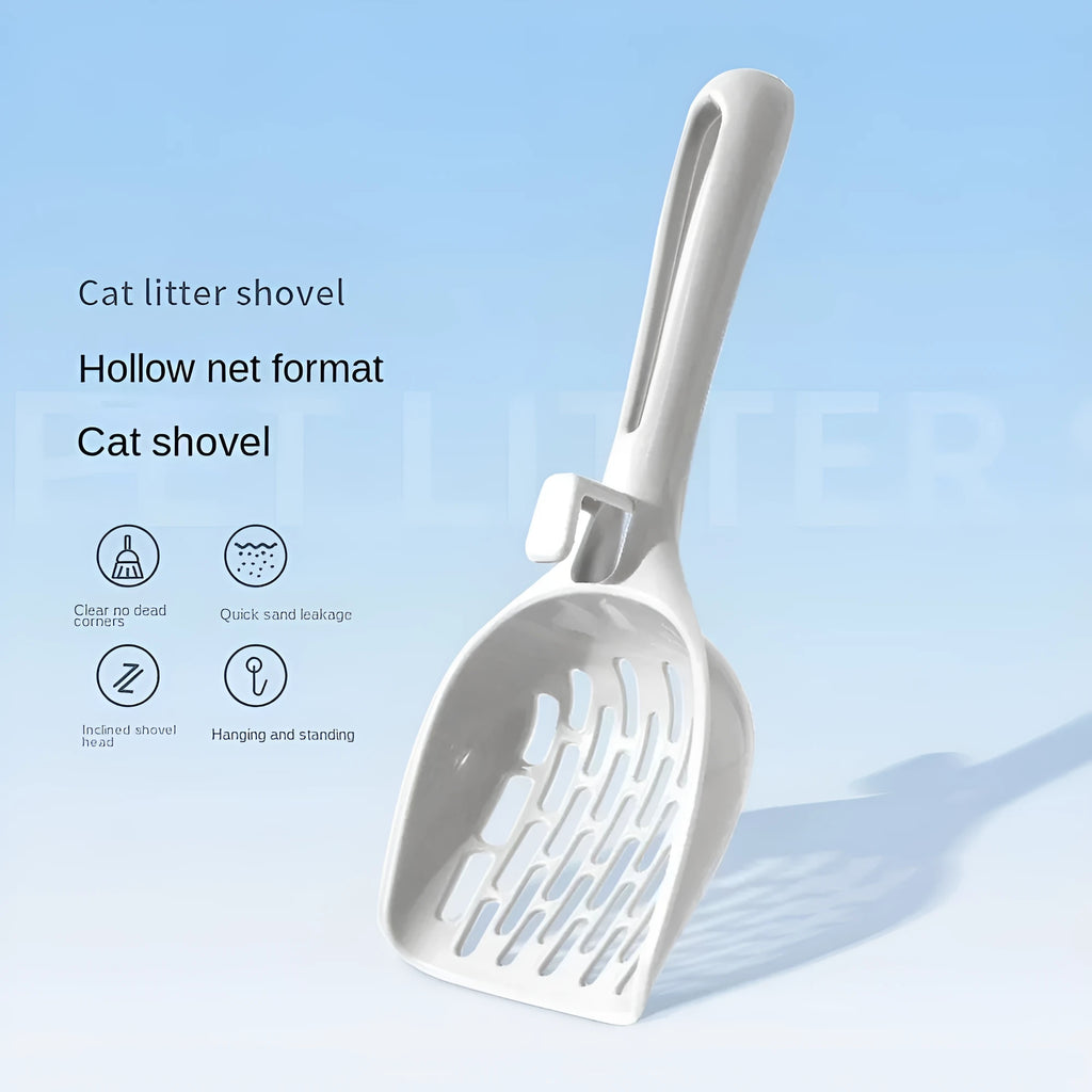 Grey plastic cat litter scoop with integrated base and fine mesh sifting tray