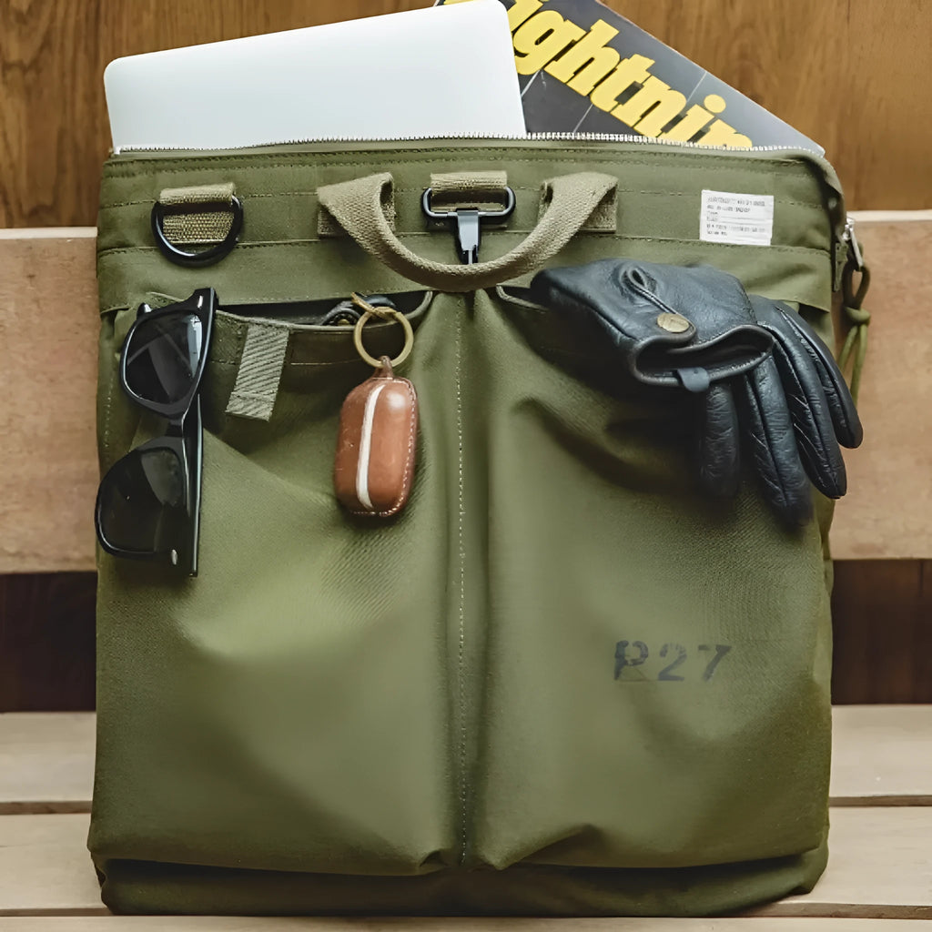 Marden Tooling medium canvas messenger bag in military green with crossbody strap and hard handle