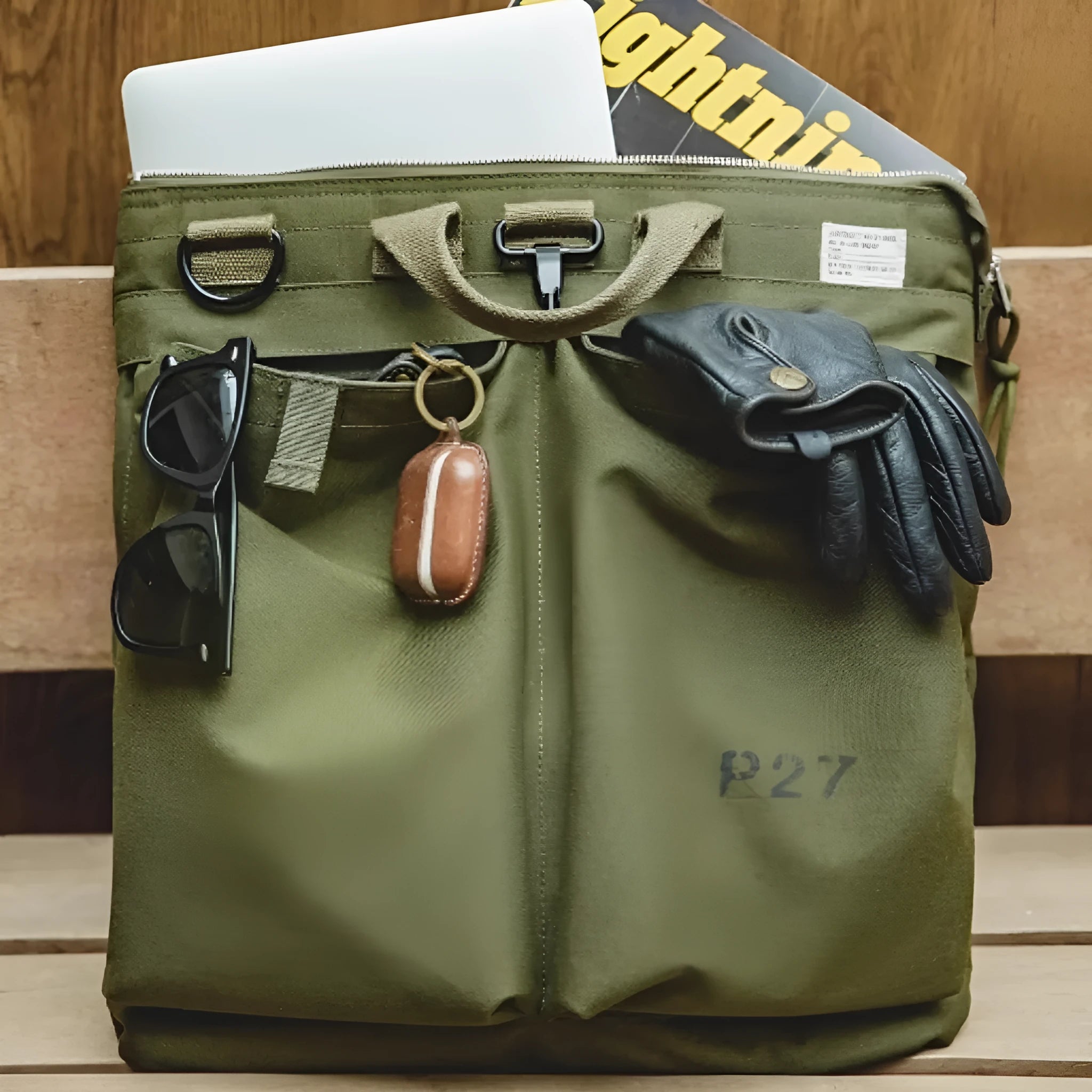 Marden Tooling medium canvas messenger bag in military green with crossbody strap and hard handle