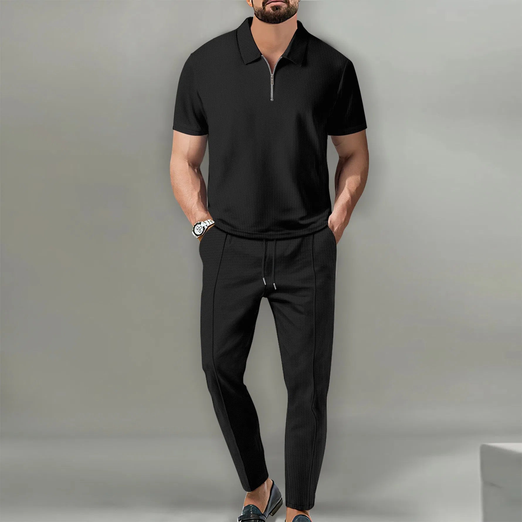 Men's solid colour waffle lapel suit set with short-sleeve top and trousers in khaki