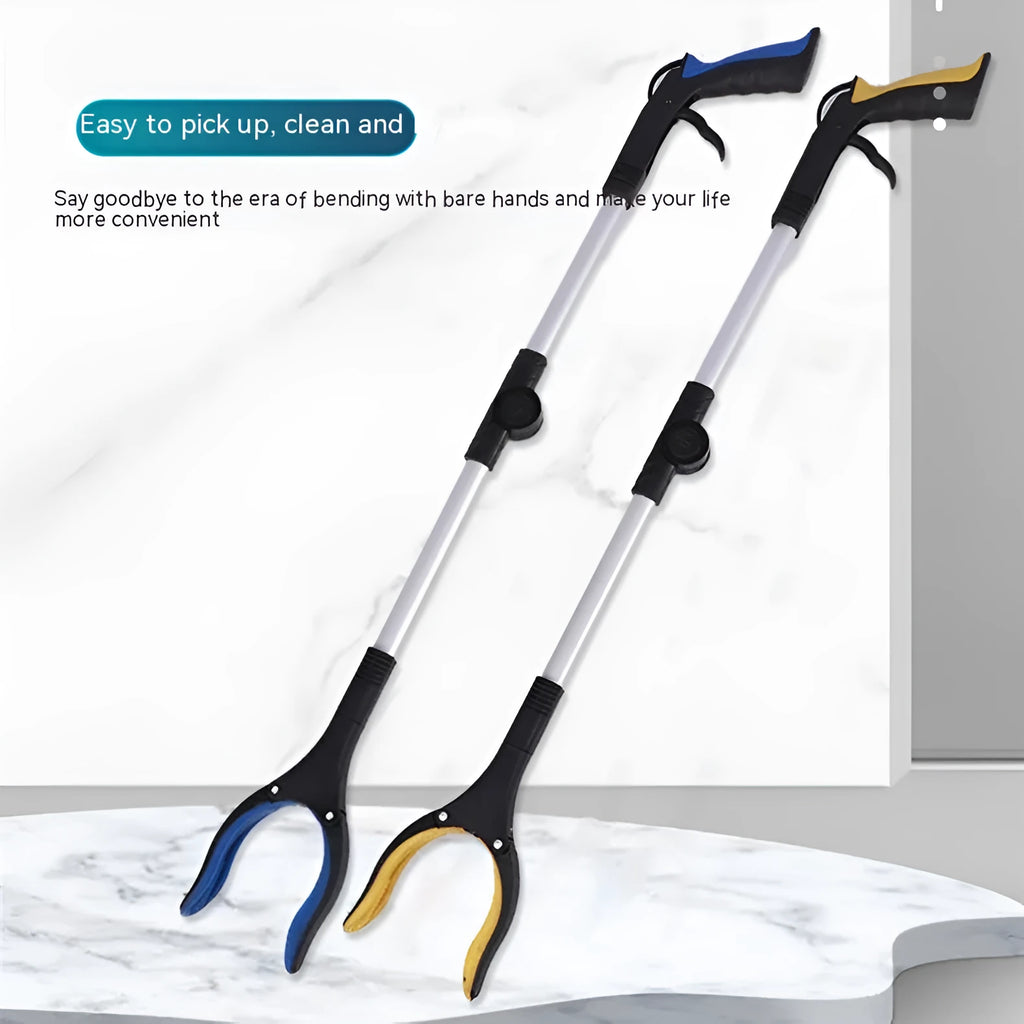 Folding aluminium alloy trash clamp with magnet sucker, shown extended to 80cm and collapsed to 42cm