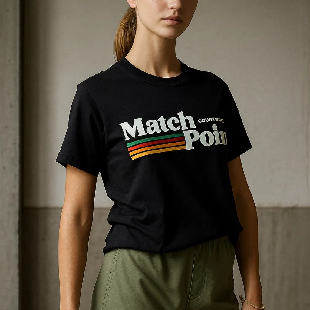 Black men's t-shirt with white 3D digital printed text pattern on the front, showing round neck and short sleeves.