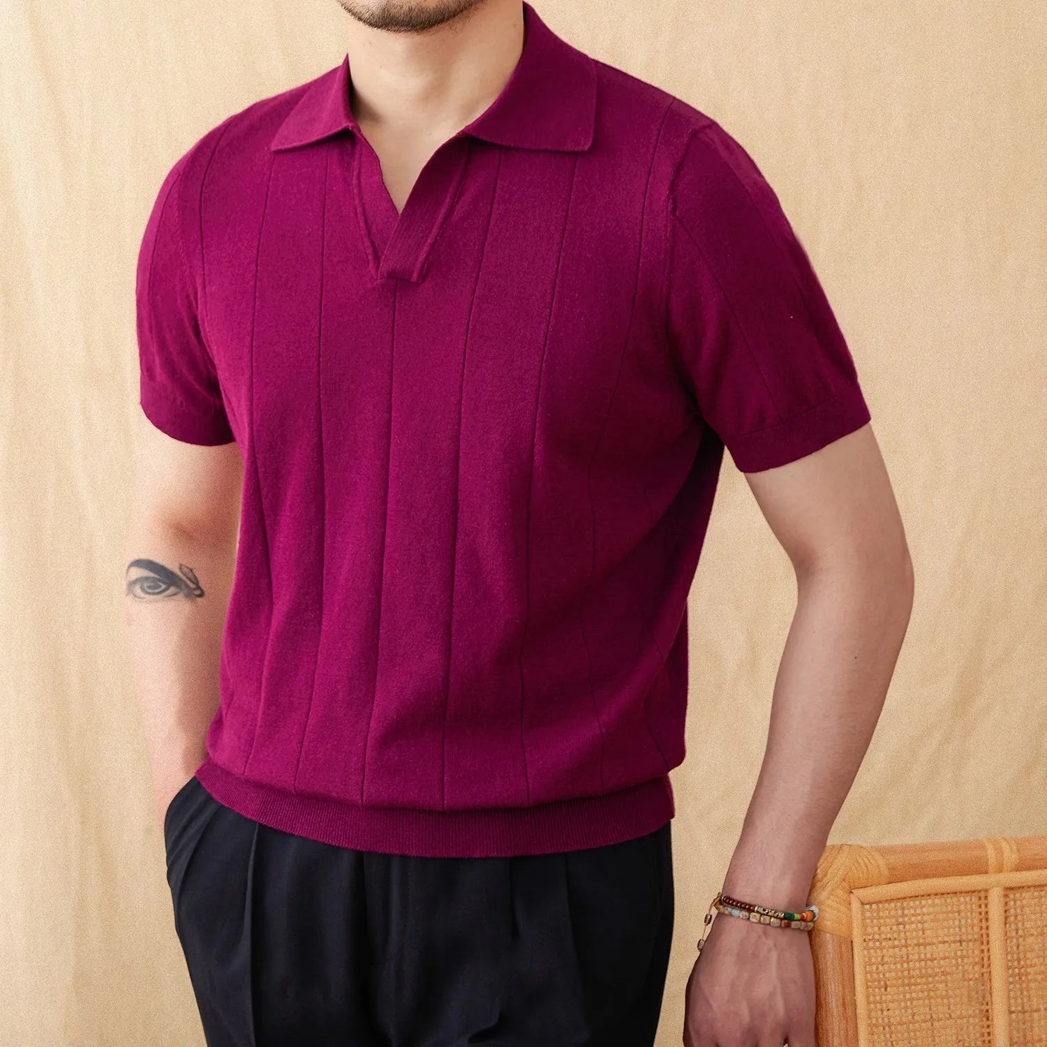 Short sleeve polo top with seagull collar in sunken stripe knitted ramie and cotton blend fabric