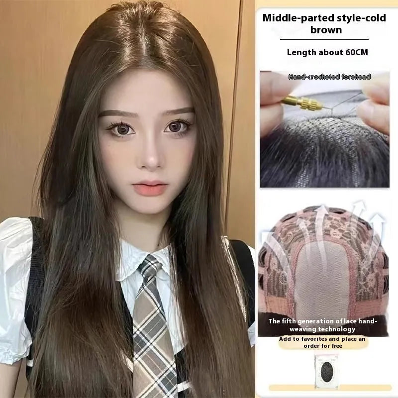 Forehead lace long straight wig with side bangs in high temperature fibre material