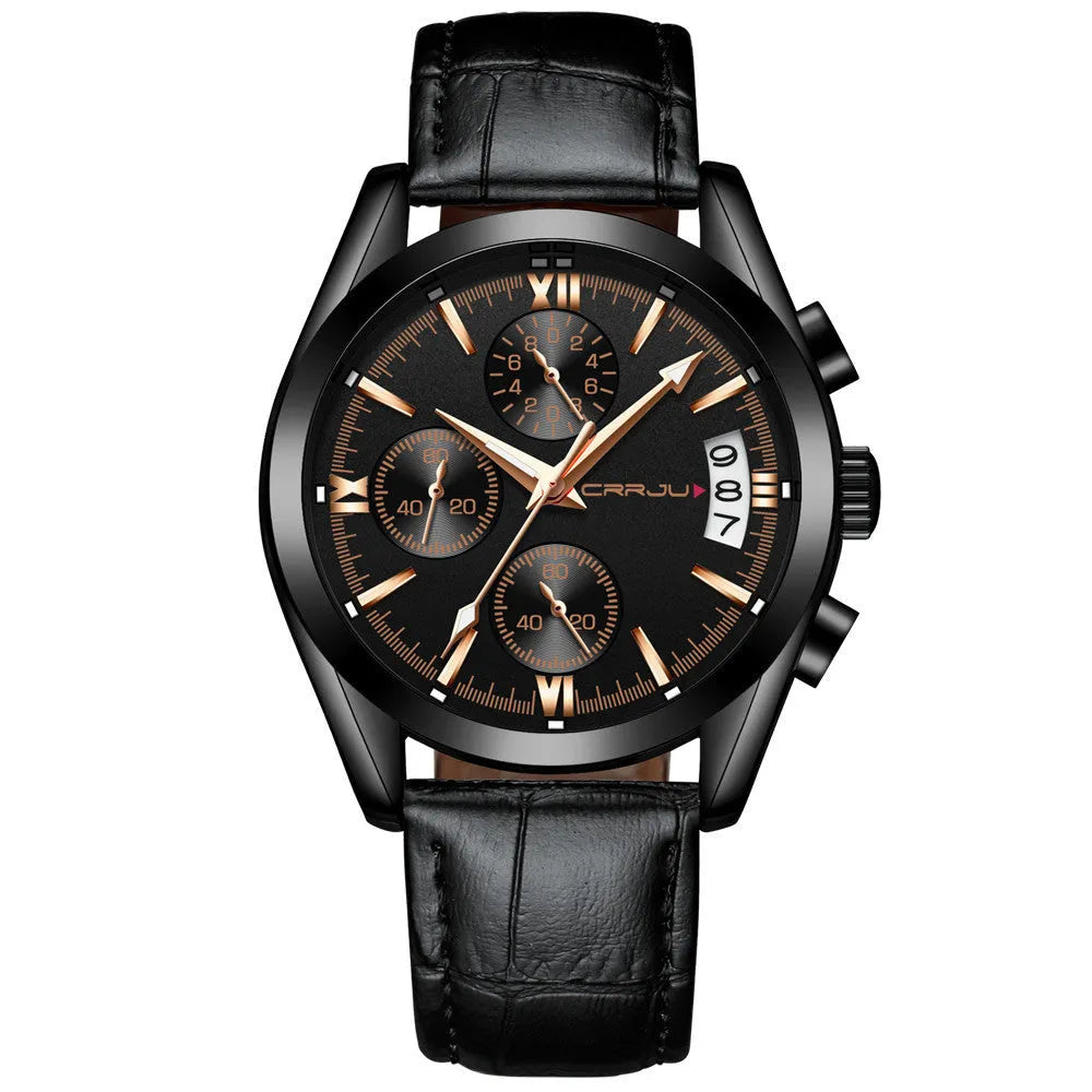 Men's multi-functional quartz watch with black shell and rose gold hands on a brown leather strap