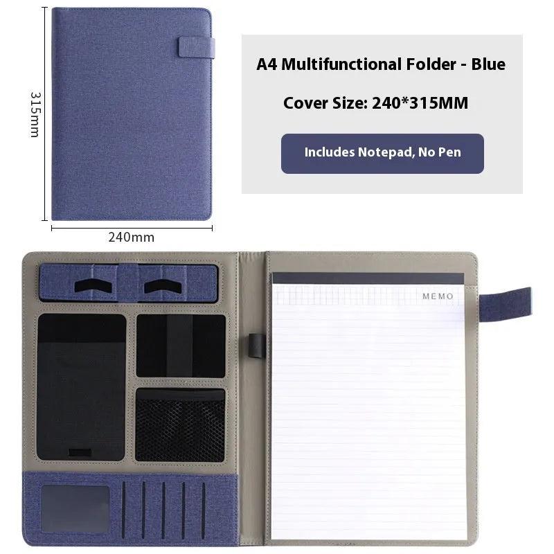 Black leather A4 business folder lying flat, showing its size for holding documents.