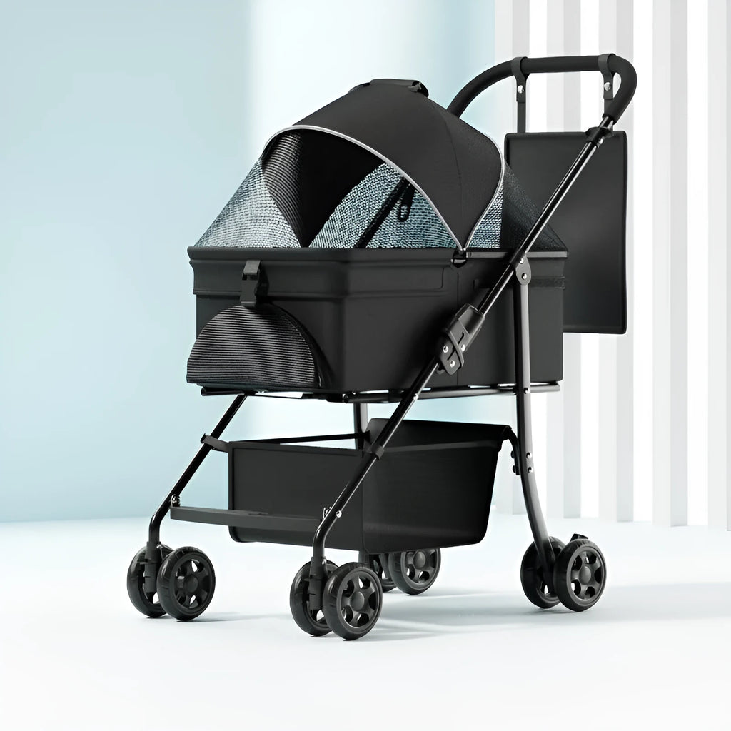 Black metal folding pet cart with removable design shown in folded and unfolded positions