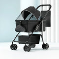 Black metal folding pet cart with removable design shown in folded and unfolded positions