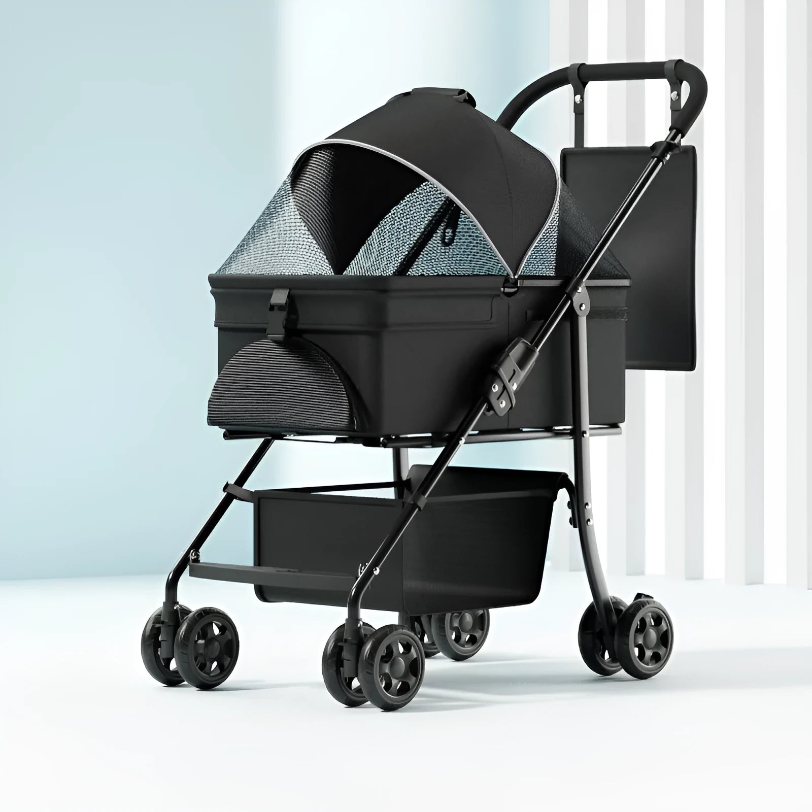 Black metal folding pet cart with removable design shown in folded and unfolded positions