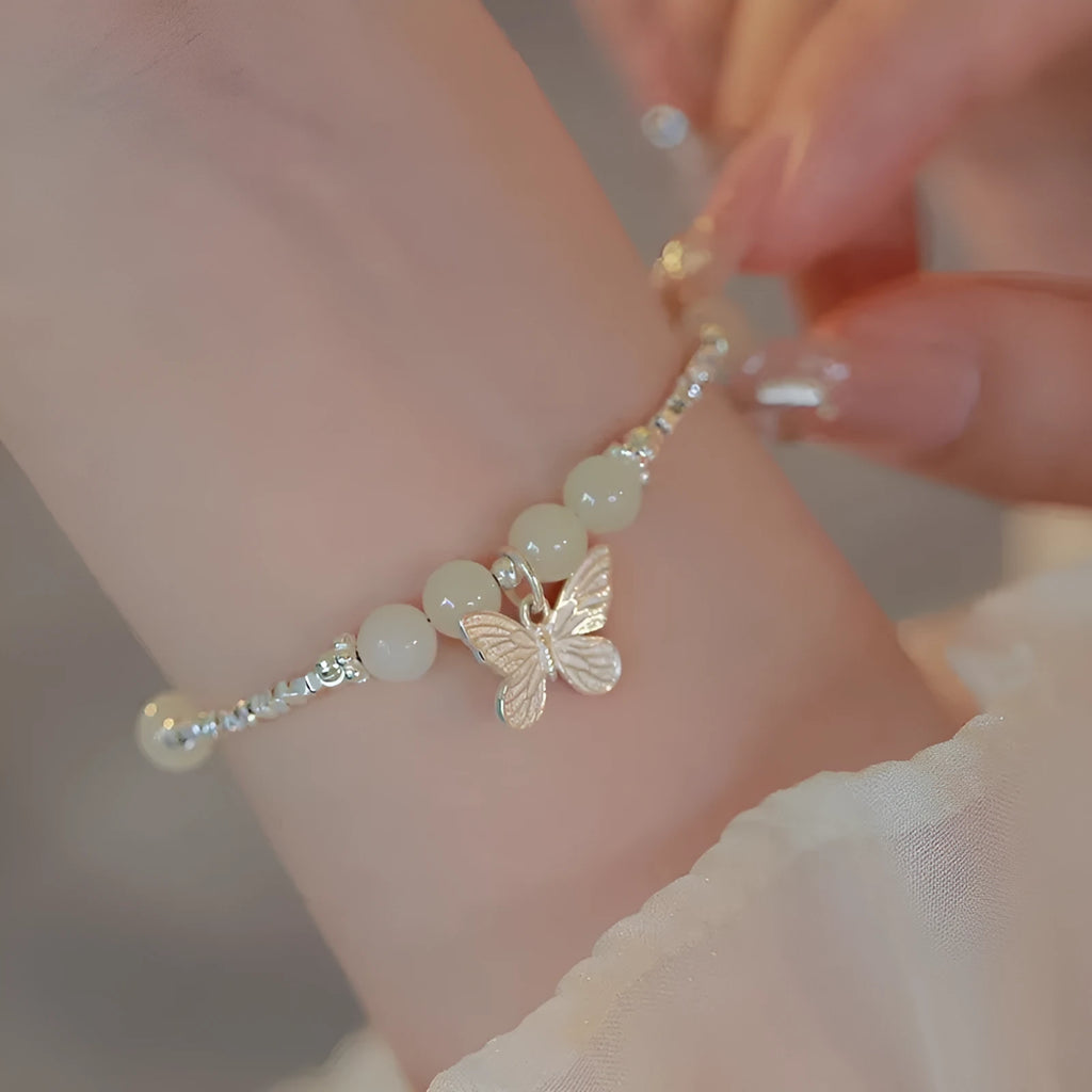 Hetian jade butterfly bracelet or necklace in electroplated copper, women's niche jewellery, silver tone