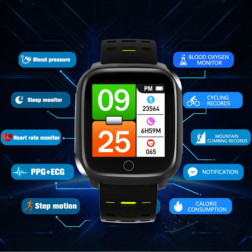F16 smart watch with ECG and blood pressure monitoring on wrist, showing black and grey colour variant.