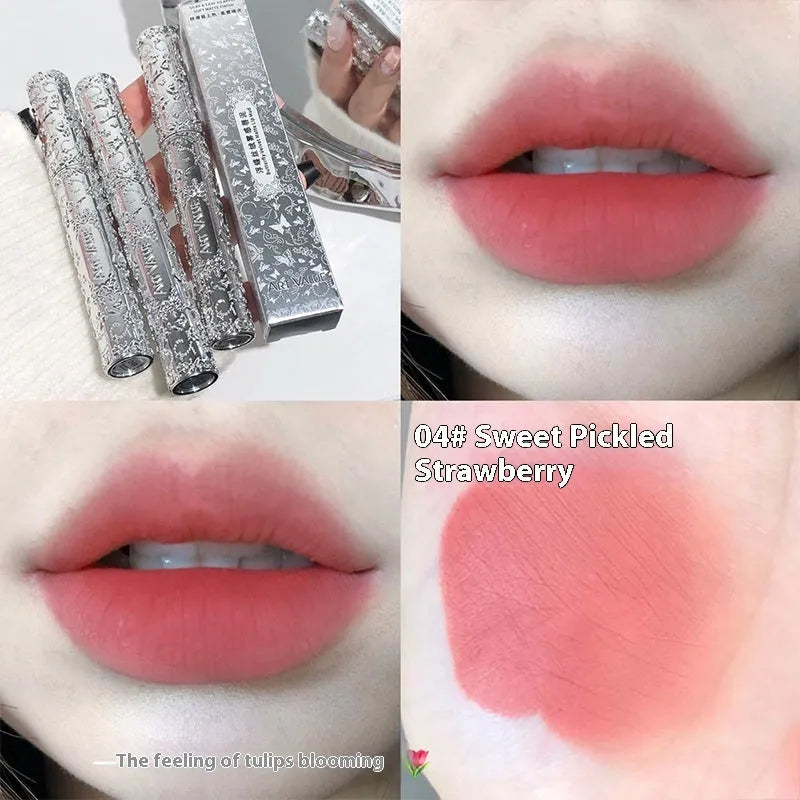 Velvet Mist Lip Mud Matte Lipstick tube showing six shade options from rose to brown.