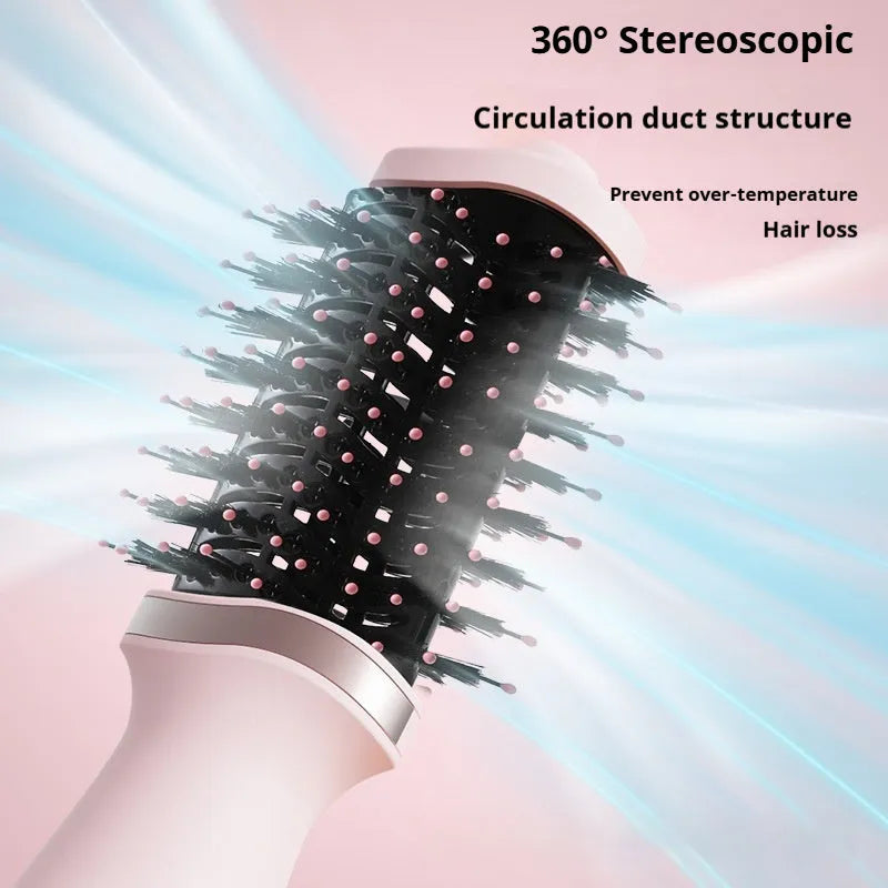 Pink multifunctional hair dryer with styling comb attachment for drying, straightening and curling hair