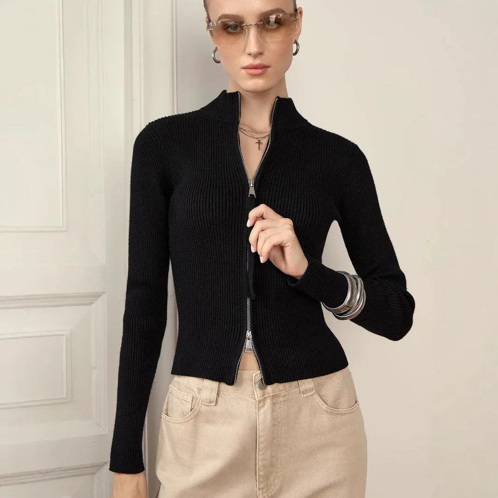 Zipper slim fit stand collar long-sleeve top in white for women – high waist viscose fibre street fashion bottoming layer