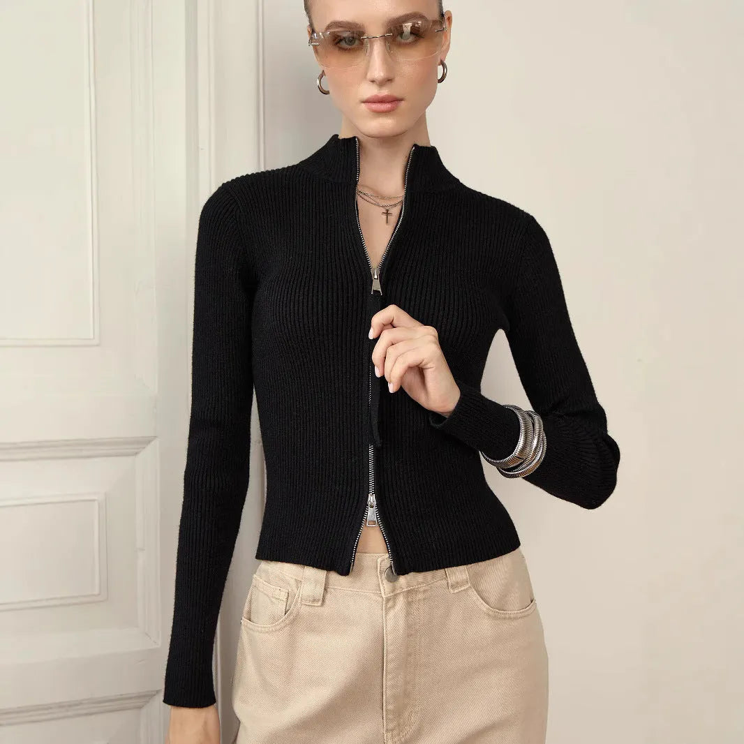 Zipper slim fit stand collar long-sleeve top in white for women – high waist viscose fibre street fashion bottoming layer