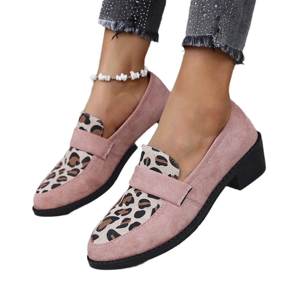 Leopard print slip-on suede pumps with chunky mid heel and pointed toe in pink colour