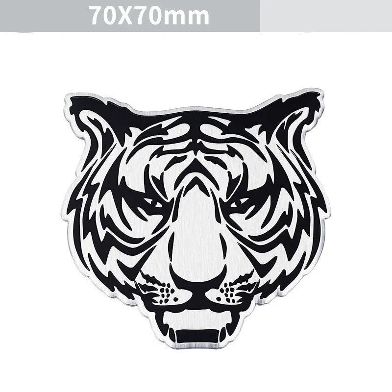 Aluminium car sticker set showing lion, eagle, wolf head and tiger emblem designs for vehicle modification.