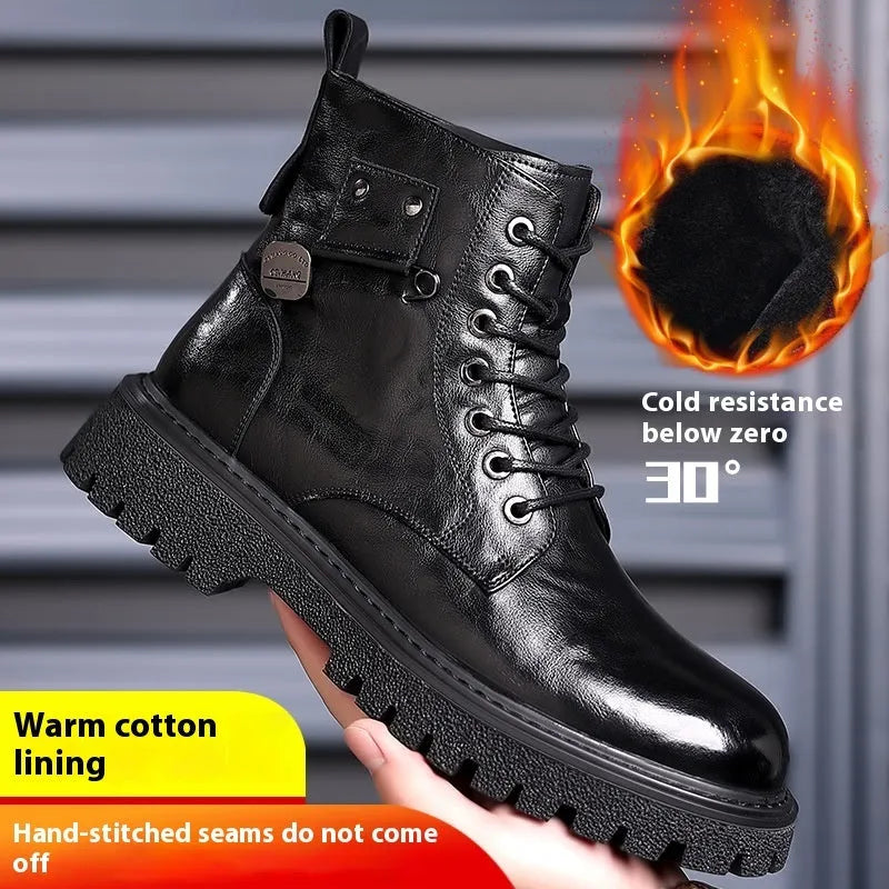 Men's black leather work ankle boots with patent finish and rubber sole for haulage motor environments