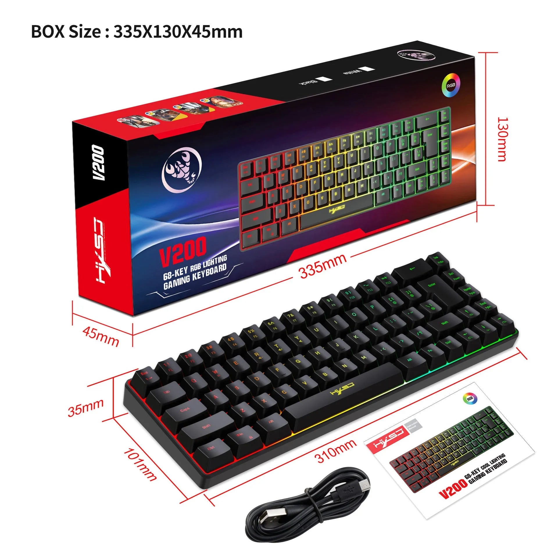 Mechanical feeling membrane gaming keyboard with 68 keys, ABS plastic, wired USB cable, black colour