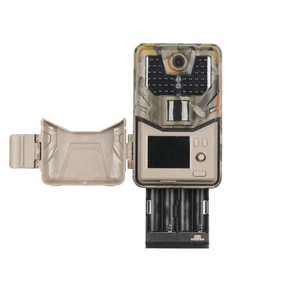 Camouflage trail camera with infrared LEDs, showing compact size for outdoor wildlife monitoring and security.