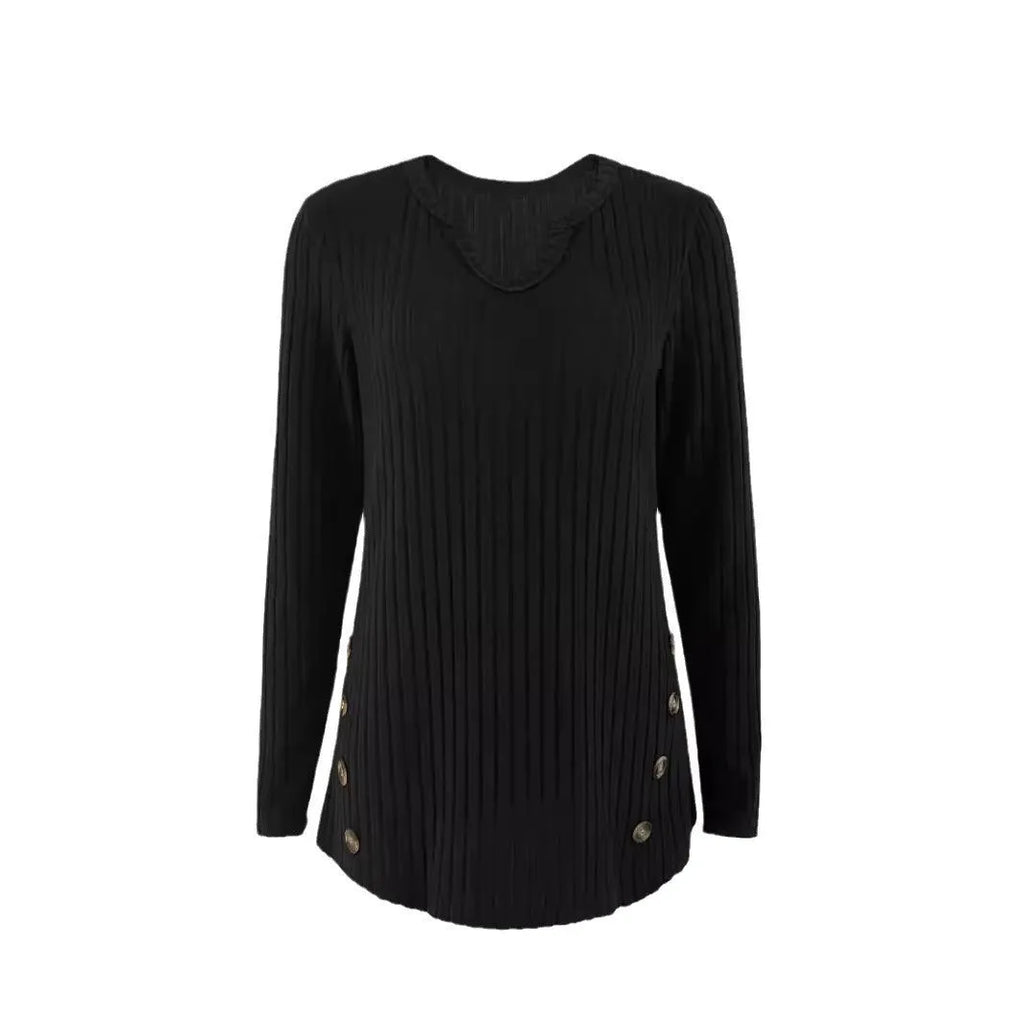Casual grey green knitted button sweater on a hanger, showing regular sleeves and pullover style.