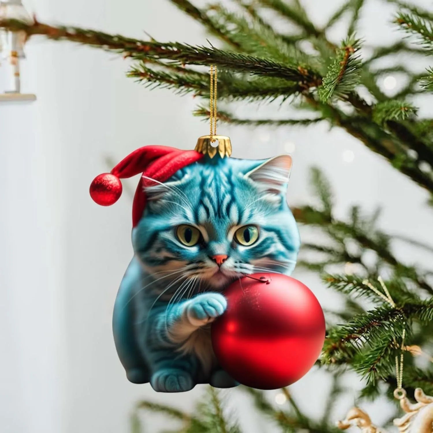Christmas car hanging ornament featuring cartoon kitten design in transparent acrylic